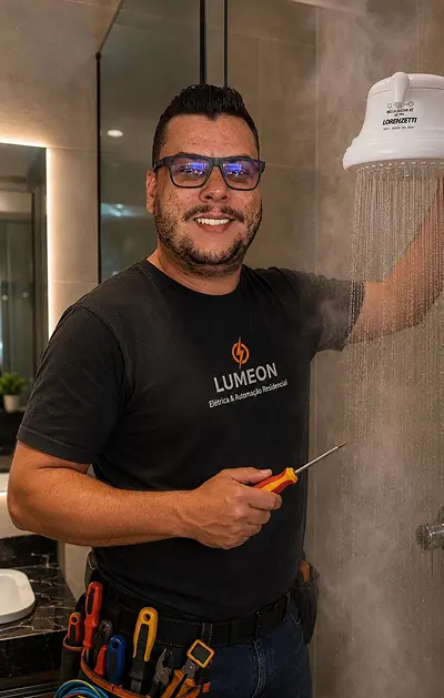Eletricista da LUMEON uniformizado para troca de chuveiro em Bauru